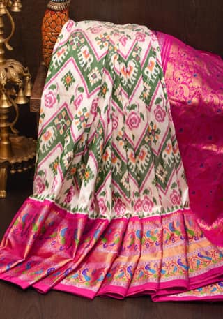 Ikkat Patola Kanjivaram Fusion Silk Saree in off white with Chevron design and wide zari border | SILK MARK CERTIFIED