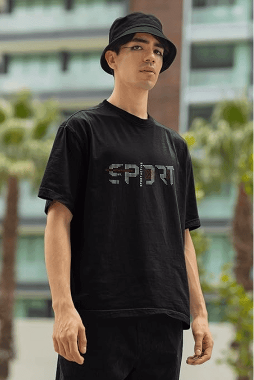 Black Oversized T-Shirt with Rhinestone "SPORT" Detailing view 2
