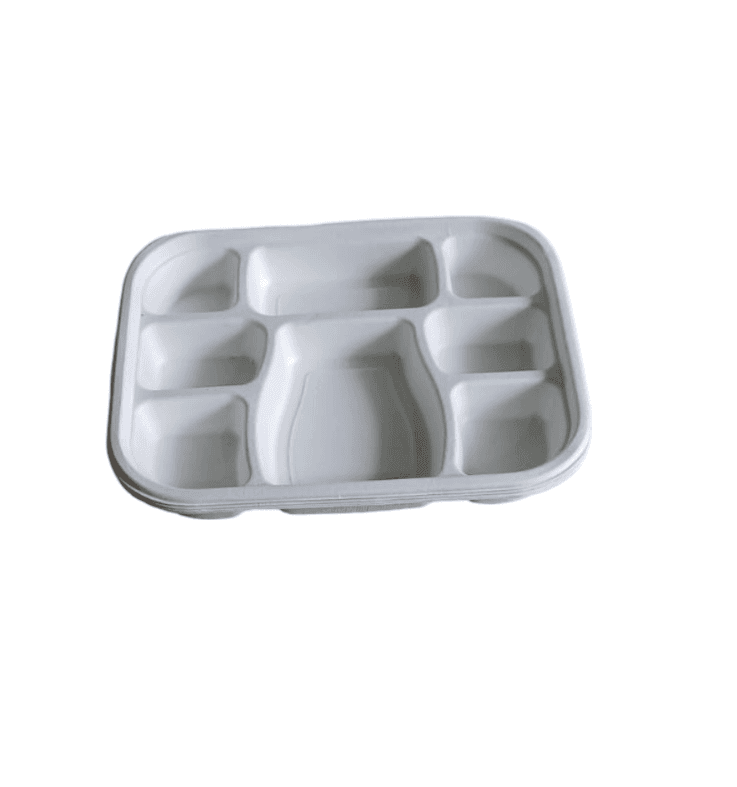 Compostable 9-inch sugarcane fiber clamshell container with 7 compartments pack of 10
