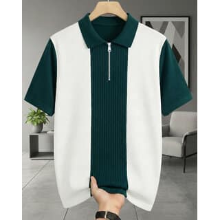 Ausk Mens Green, White Graphic Print Cotton Blend Polo Collar T-Shirt