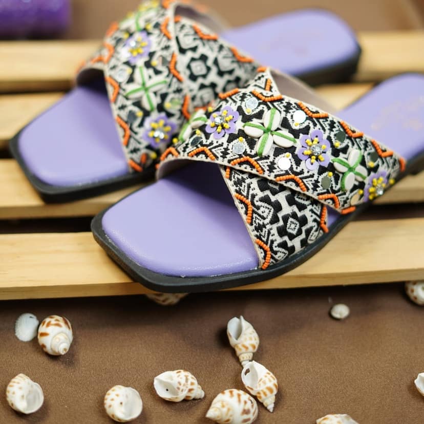 Women's Beaded Cross Strap Sandals with Purple Sole