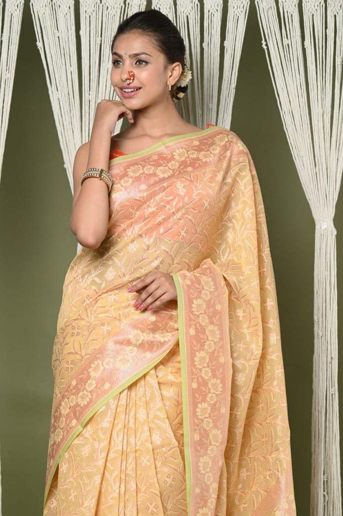 Exclusive High Quality Handloom Banarasi Cotton Saree with Beautiful Abstract Print ~ Yellow view 2