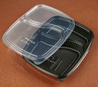 Divatos 2CP Meal Tray with LID Black | Microwave & Fridge Safe | 2 Compartment Plates for Dinner Lunch | BPA Free Food Grade Virgin Plastic | Restaurants & Cloud Kitchen Food Delivery (Set of 25)