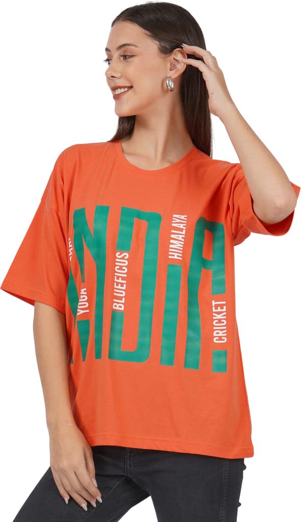 BlueFicus Printed Oversize Cotton Tshirt for Women Short Sleeve Tshirt for Casual Wear (Orage) view 5