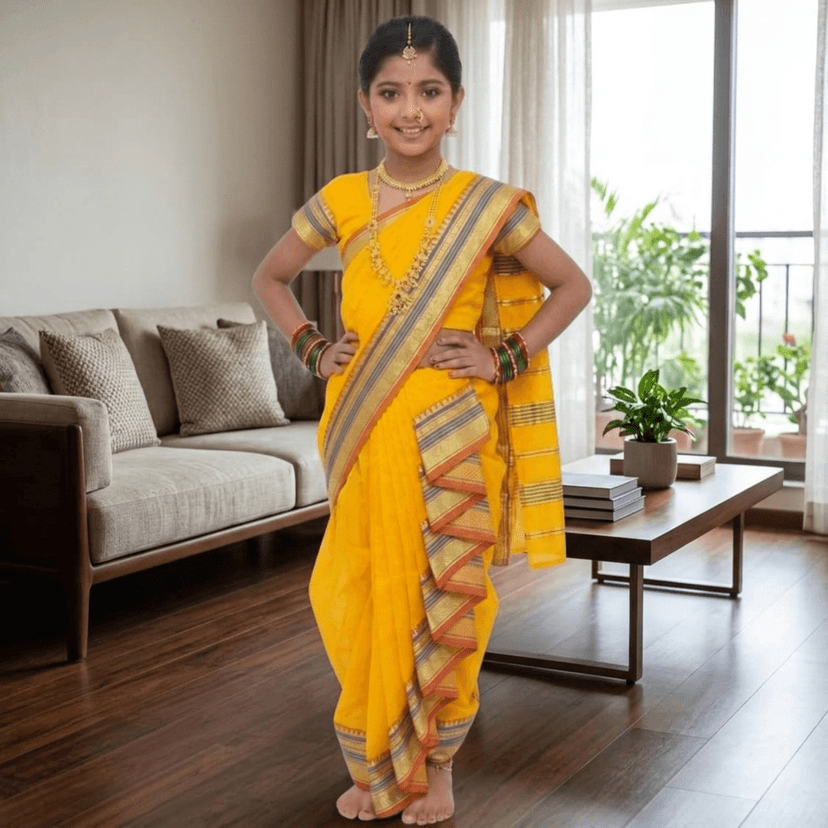 Mom and Me Girls' Ready-to-Wear Mastani Nauwari Saree with Stitched Blouse | Traditional Maharashtrian Ilkal Border | Soft Acrylic Cotton | Age 12 Months to 15 Years (Yellow, 11-12 Years) view 3