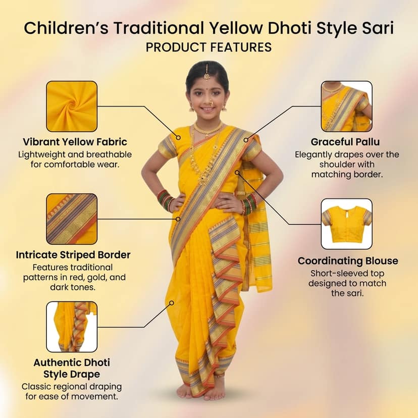 Mom and Me Girls' Ready-to-Wear Mastani Nauwari Saree with Stitched Blouse | Traditional Maharashtrian Ilkal Border | Soft Acrylic Cotton | Age 12 Months to 15 Years (Yellow, 11-12 Years) view 4
