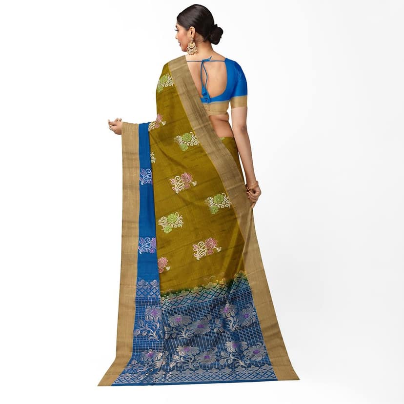 Olive Color Big Floral Design Kanjivaram Pure Silk Saree view 2