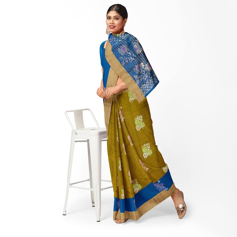 Olive Color Big Floral Design Kanjivaram Pure Silk Saree view 3