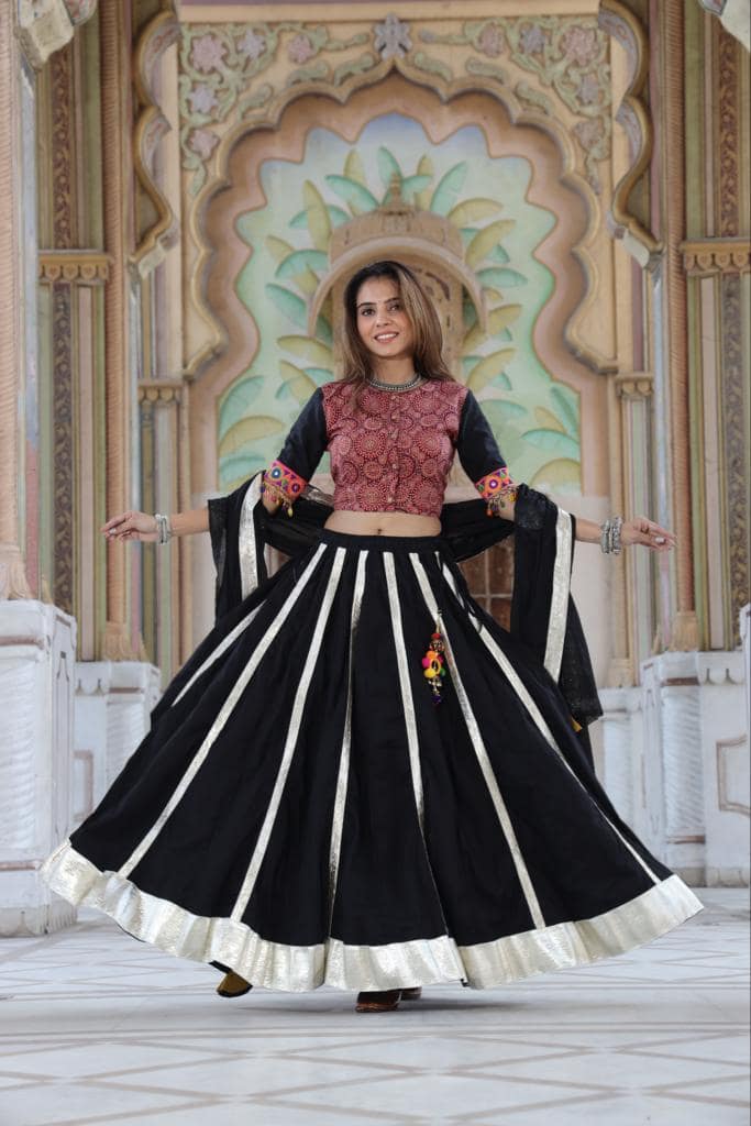 Handblock Printed Gota Patti Lehanga Choli with Mulmul Dupatta (Size: 38-46) Black & Red Color-6265