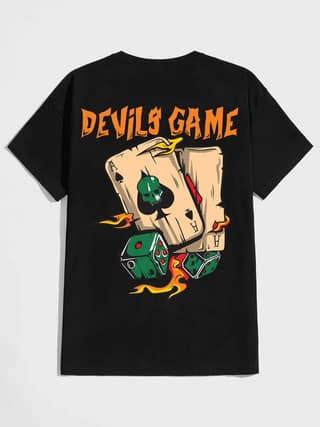 SCOTT FINCHER Men's Graphic T-Shirt Featuring an Edgy Devil's Game Design with Flaming Dice and Playing Cards, Perfect for Poker Nights and Casual Wear : AA(HSR)BLACK_139