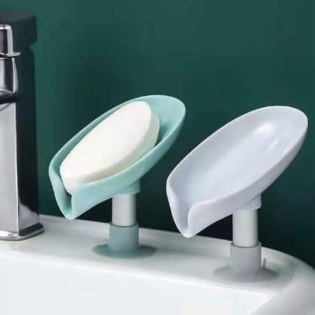 V3Deals Leaf Shape Soap Dish with Drainage – Pack of 2, Self Draining Soap Holder for Bathroom, Kitchen Sink, Water Resistant Plastic Soap Stand with Suction Cup Base