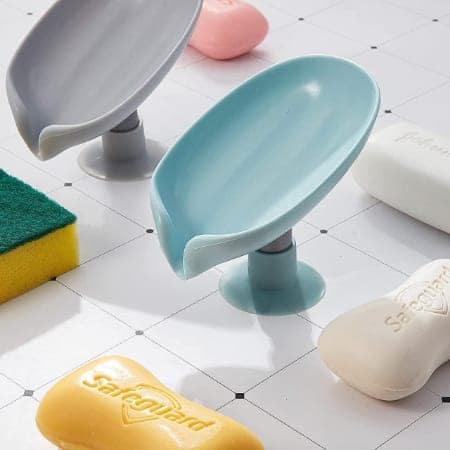 V3Deals Leaf Shape Soap Dish with Drainage – Pack of 2, Self Draining Soap Holder for Bathroom, Kitchen Sink, Water Resistant Plastic Soap Stand with Suction Cup Base view 3