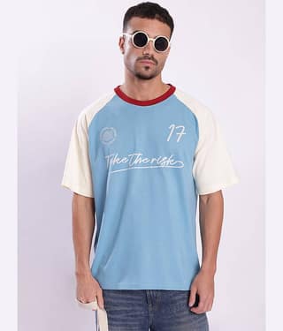 Bene Kleed Men 100% Cotton Oversized Fit Printed T-Shirt ( Blue )
