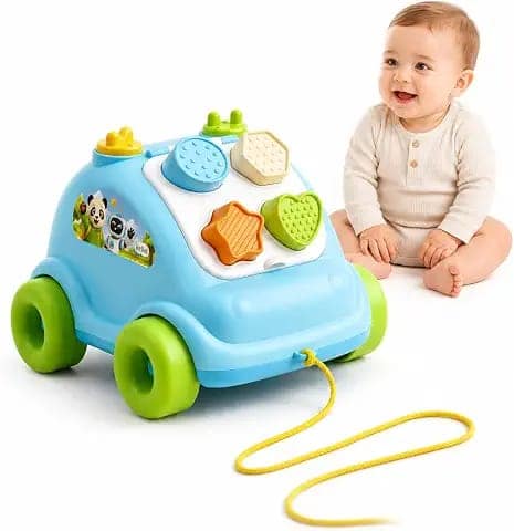 Pull Along Shape Sorting Car Toy for Toddlers 1+ Year|Educational Shape Sorter Vehicle with 4 Textured Shape Blocks & Storage Compartment|Montessori Learning Toy view 2