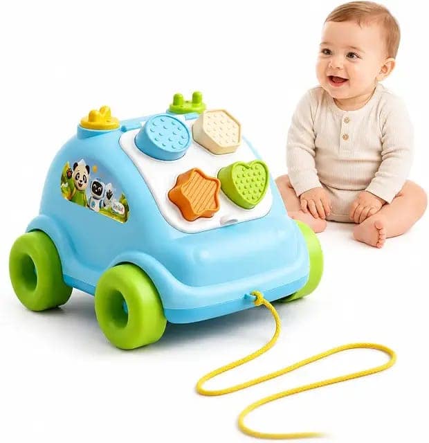 Pull Along Shape Sorting Car Toy for Toddlers 1+ Year|Educational Shape Sorter Vehicle with 4 Textured Shape Blocks & Storage Compartment|Montessori Learning Toy view 3