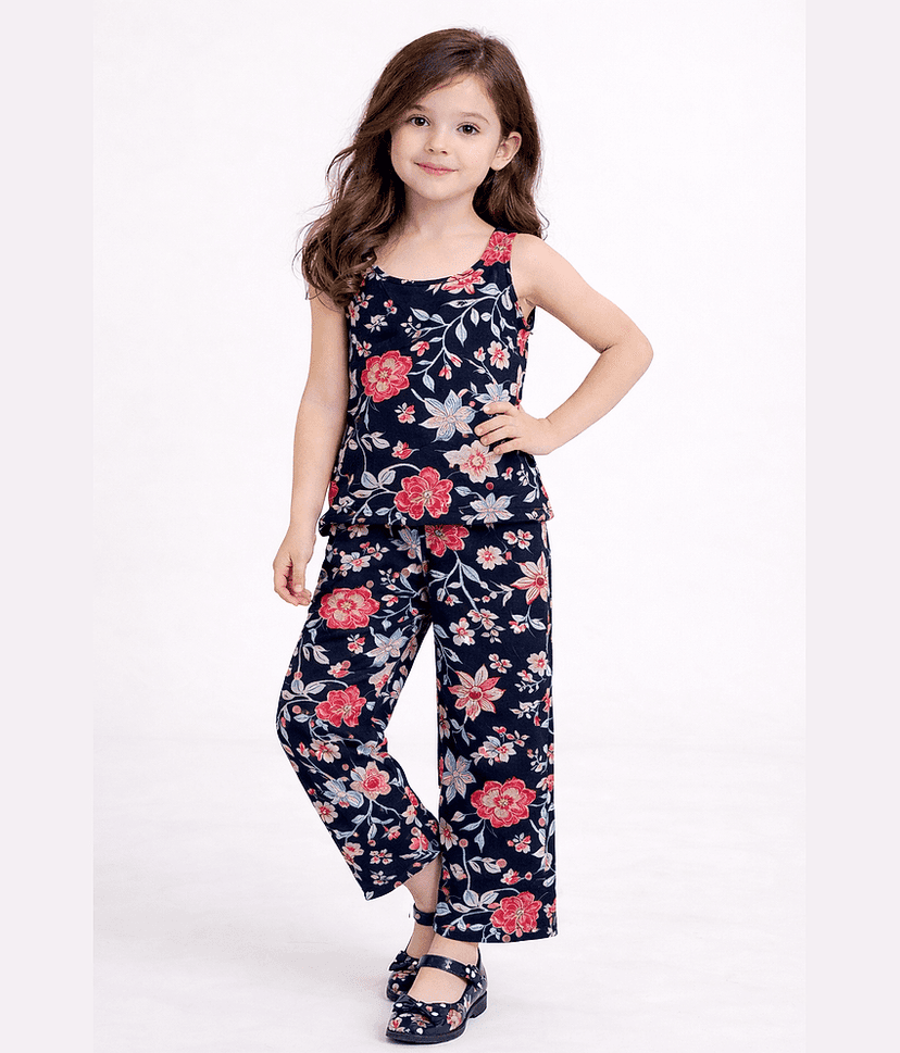 Lazy Shark Girls Cotton Blend T-shirt & Pants Set ( Navy Blue , Pack of 1 )