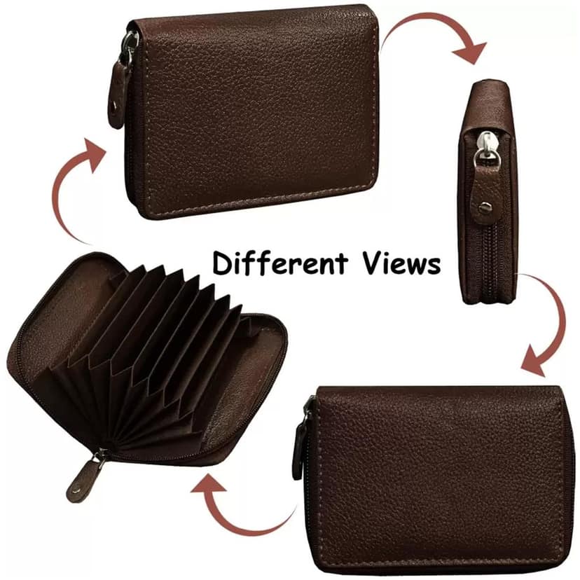 Small Pocket-Sized 9 Slot ID, Credit-Debit Card Holder with Closing Zipper for Men & Women - Brown WL601-B view 3