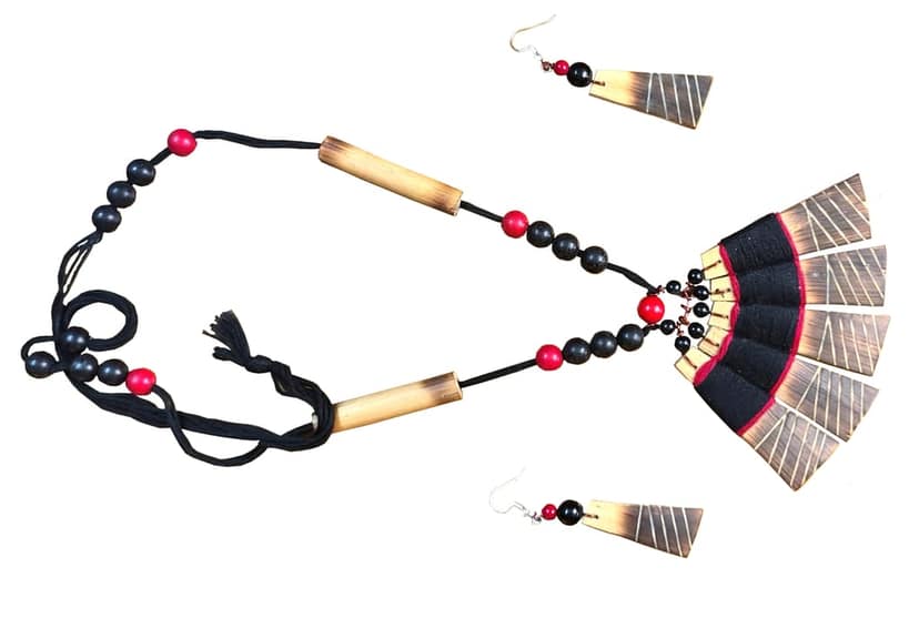 Handcrafted Tribal Wooden Beaded Fan Necklace with Matching Earrings Set