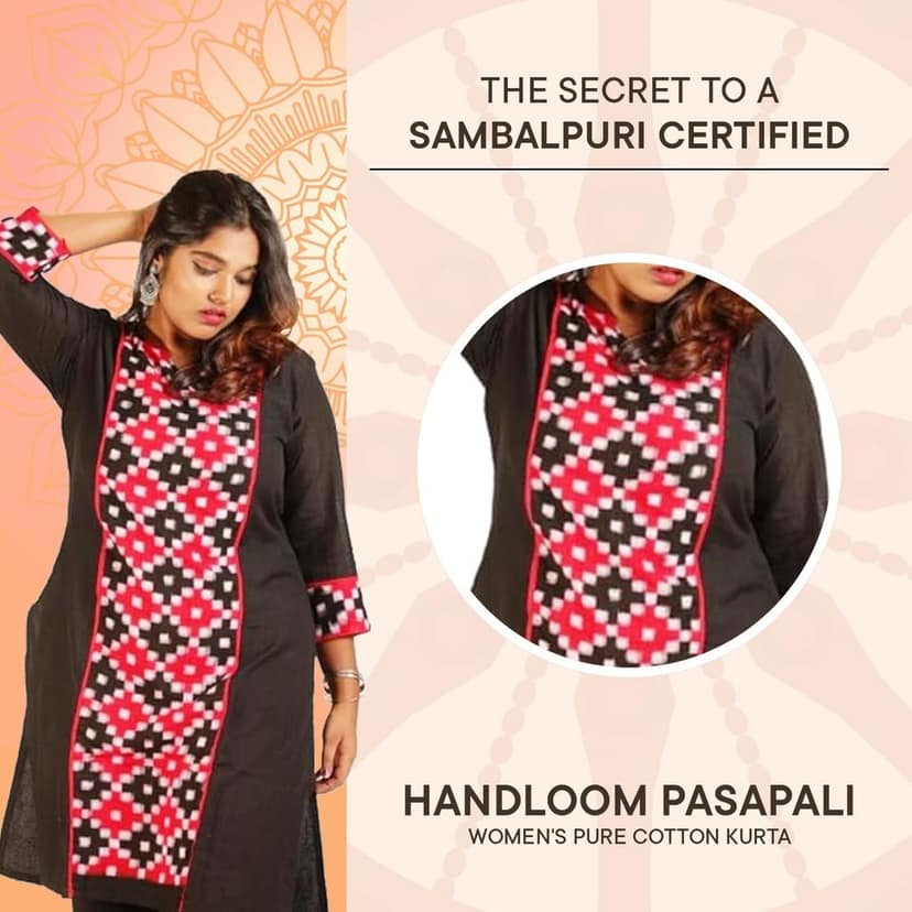 GHL GUENDICHA HAAT Sambalpuri Certified Handloom Pasapali Women's Pure Cotton Kurta view 4