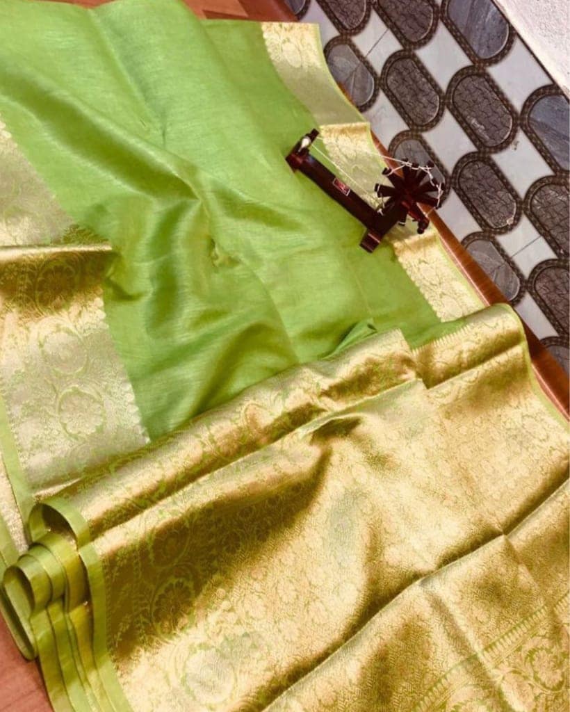 Silk Linen Banarasi Brocade Handloom Olivine Green Saree with Blouse-9077 view 2
