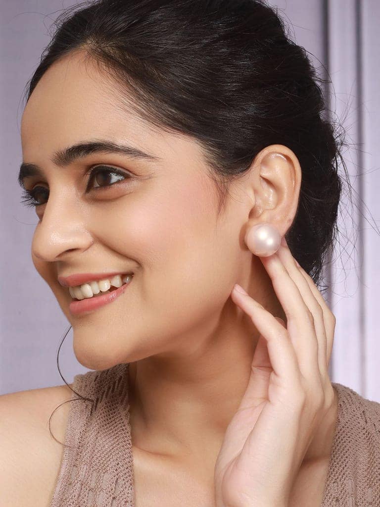 Anti-Tarnish Rose Toned Round Button Pearl Of 20mm Studds Earrings view 4