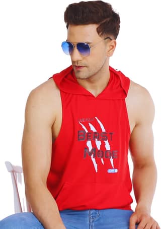 BLUEFICUS Men Solid Hooded Neck Pure Cotton SANDO (Red)