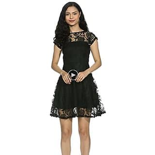 Miss Chase Womens Black Designer Round Neck Cap Sleeves Lace Solid Embellished Mini Skater Dress with Zip Closure view 2