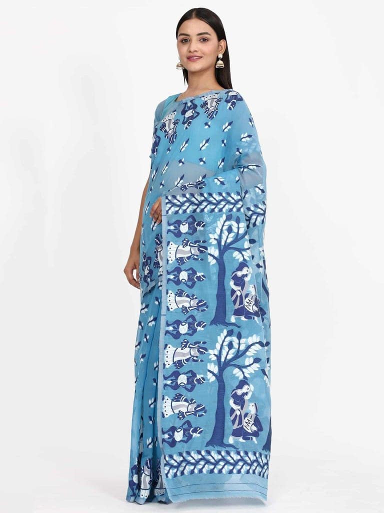 Women's Pure Cotton Woven Jamdani Blue Saree view 3