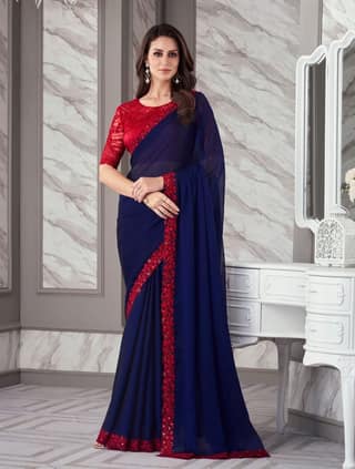 Embroidered Border Georgette Saree in Navy Blue