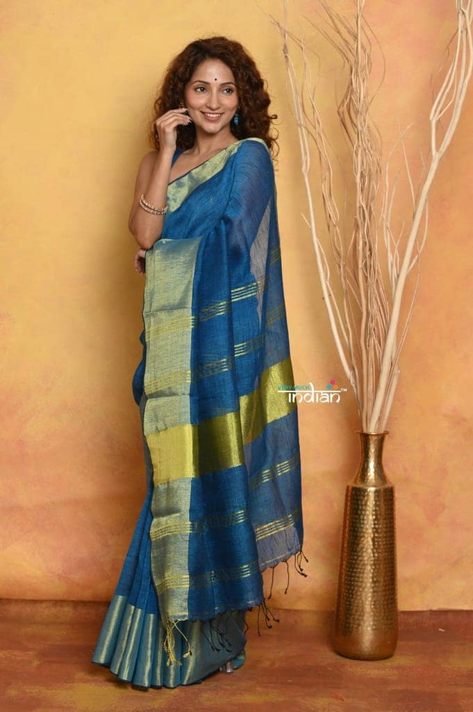 Mastaani ~ Handloom Pure Cotton Linen Saree With Golden Border - Blue view 2