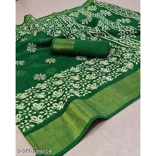Green Colour Flower Cotton Silk Saree With Blouse Piece