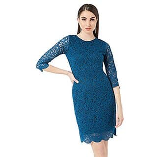 Miss Chase Womens Teal Round Neck 3/4 Sleeves Floral Lace Overlaid Knee-Long Bodycon Dress with Zip Closure