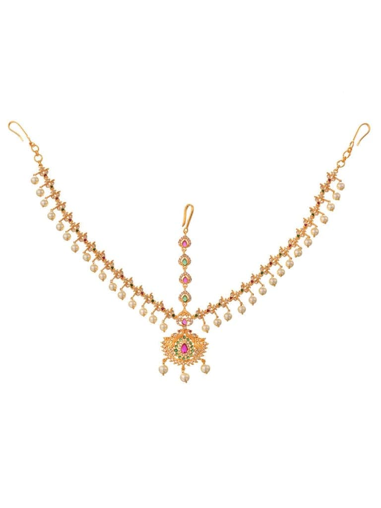 Gold Plated AD Studded Pearl Beaded Bridal Matha Patti Maangtika view 2