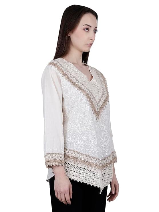 Hand Embroidered Bige Top/Full Sleeves Cotton Tunic/Summer Short Ethnic Chikan Kurti/Boho Short Ethnic Dress for Women view 3