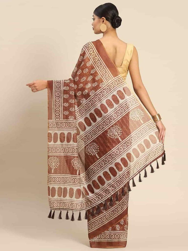 Women's Pure Cotton block print saree with unstiched blouse piece view 2