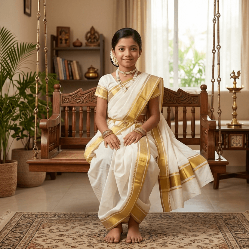 Mom and Me Peshwai Nauwari Saree for Kids (1–10 Years) Ready to Wear Maharashtrian Traditional Dress | Belgaon Silk with Cotton Lining | Stitched Blouse Included (White, 11-12 Yeras) view 3