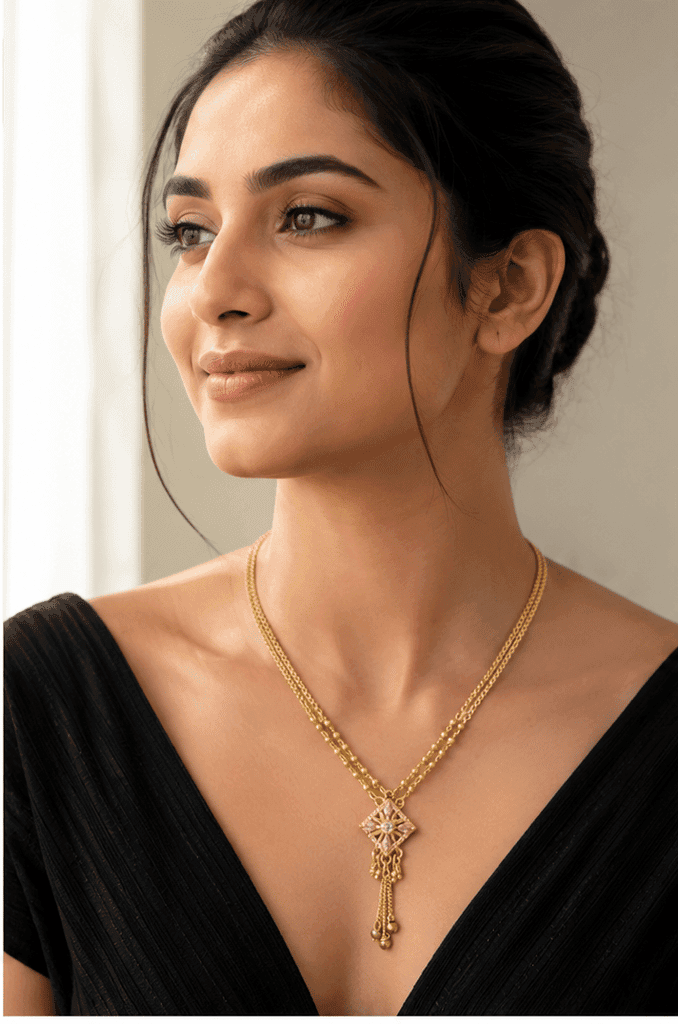 Women's Micro Gold Plated Double Strand Designer Chain Necklace with CZ and Dangles view 2