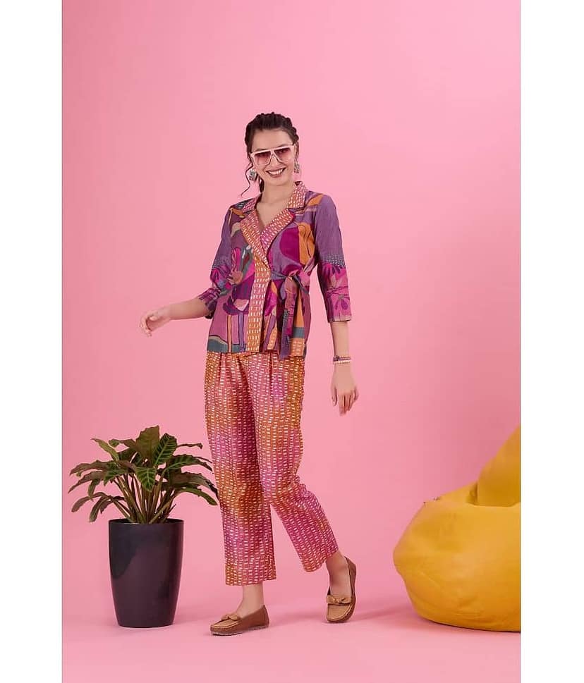 Amarasha Women Printed Top With Trousers Co-Ord Set ( Purple )