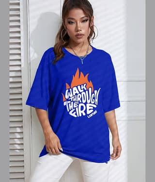 Leotude Women Cotton Blend Printed Oversized Fit Round Neck T-Shirt ( Blue )