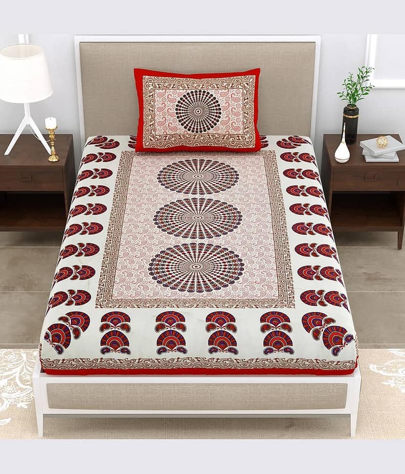 ABHACLOTHO Cotton 1 Single Bedsheet with 1 Pillow Cover ( Red )