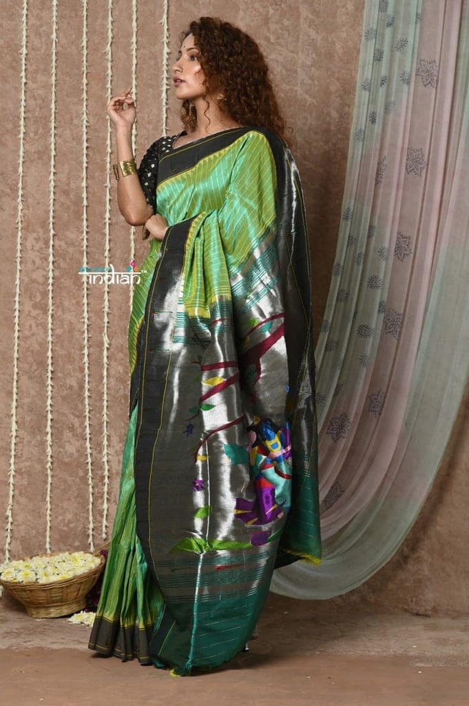 Tyohaar ~ Handloom Pure Silk Muniya Border Paithani Saree with Traditional Radha Krishna Pallu ~ Starlight Green view 2