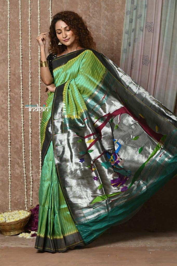 Tyohaar ~ Handloom Pure Silk Muniya Border Paithani Saree with Traditional Radha Krishna Pallu ~ Starlight Green view 3