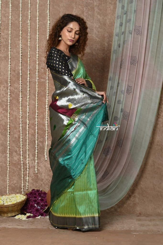 Tyohaar ~ Handloom Pure Silk Muniya Border Paithani Saree with Traditional Radha Krishna Pallu ~ Starlight Green view 4