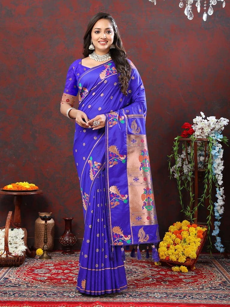 Blue Soft Paithani Silk Woven Design Copper Zari Meenakari Weaving Saree