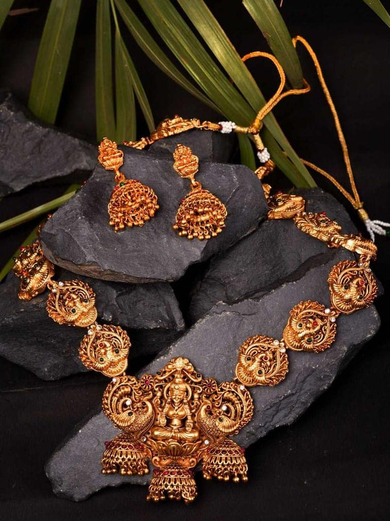 Gold Plated Exquisite Lakshmi Design Haram Temple Jewellery Set Jhumki Earrings view 6