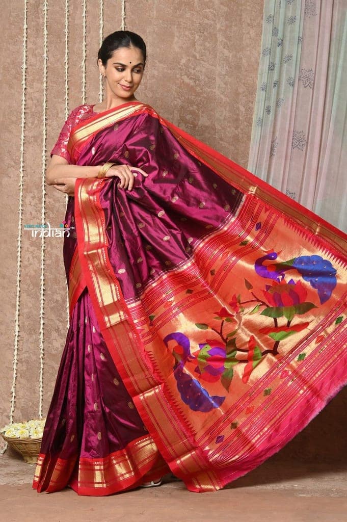 Tyohaar ~ Handloom Pure Silk Paithani Saree with Traditional Lotus Pallu ~ Royal Magenta (By Government Certified Weavers) view 2