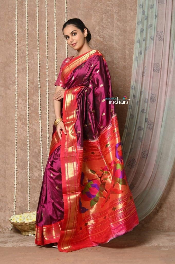 Tyohaar ~ Handloom Pure Silk Paithani Saree with Traditional Lotus Pallu ~ Royal Magenta (By Government Certified Weavers) view 3