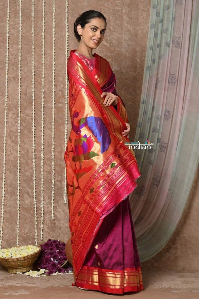 Tyohaar ~ Handloom Pure Silk Paithani Saree with Traditional Lotus Pallu ~ Royal Magenta (By Government Certified Weavers) view 6