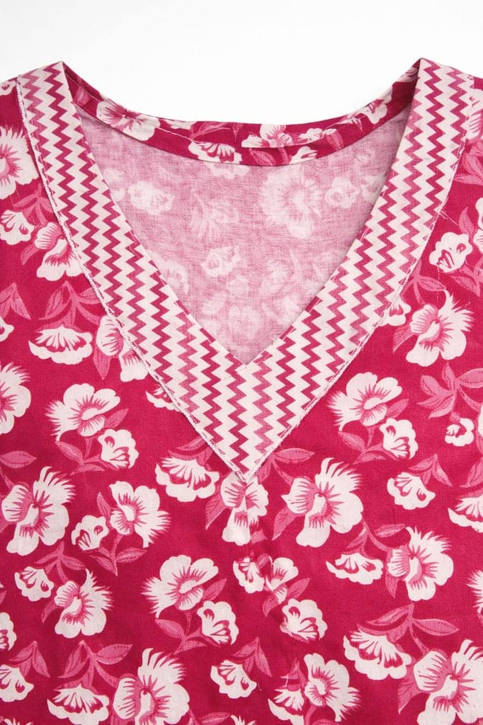 Women Pink Floral Printed Kurti with Pant | Soft Cotton Blend | 3/4 Sleeve A-Line Kurta Set for Daily Wear & Office view 2