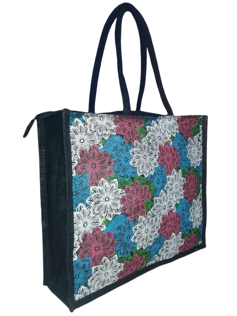 SS Eco-Life Jute Environment Friendly Shopper Bag / Grocery Bag / Market Bag / Multipurpose Bag for Men and Women with Colourful Flowers Print. 2 Piece Combo. view 2